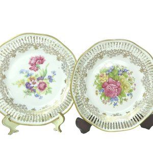 Lot of 2 Winterling Bavaria China Germany Salad Plates Floral Gold Pierced Edge
